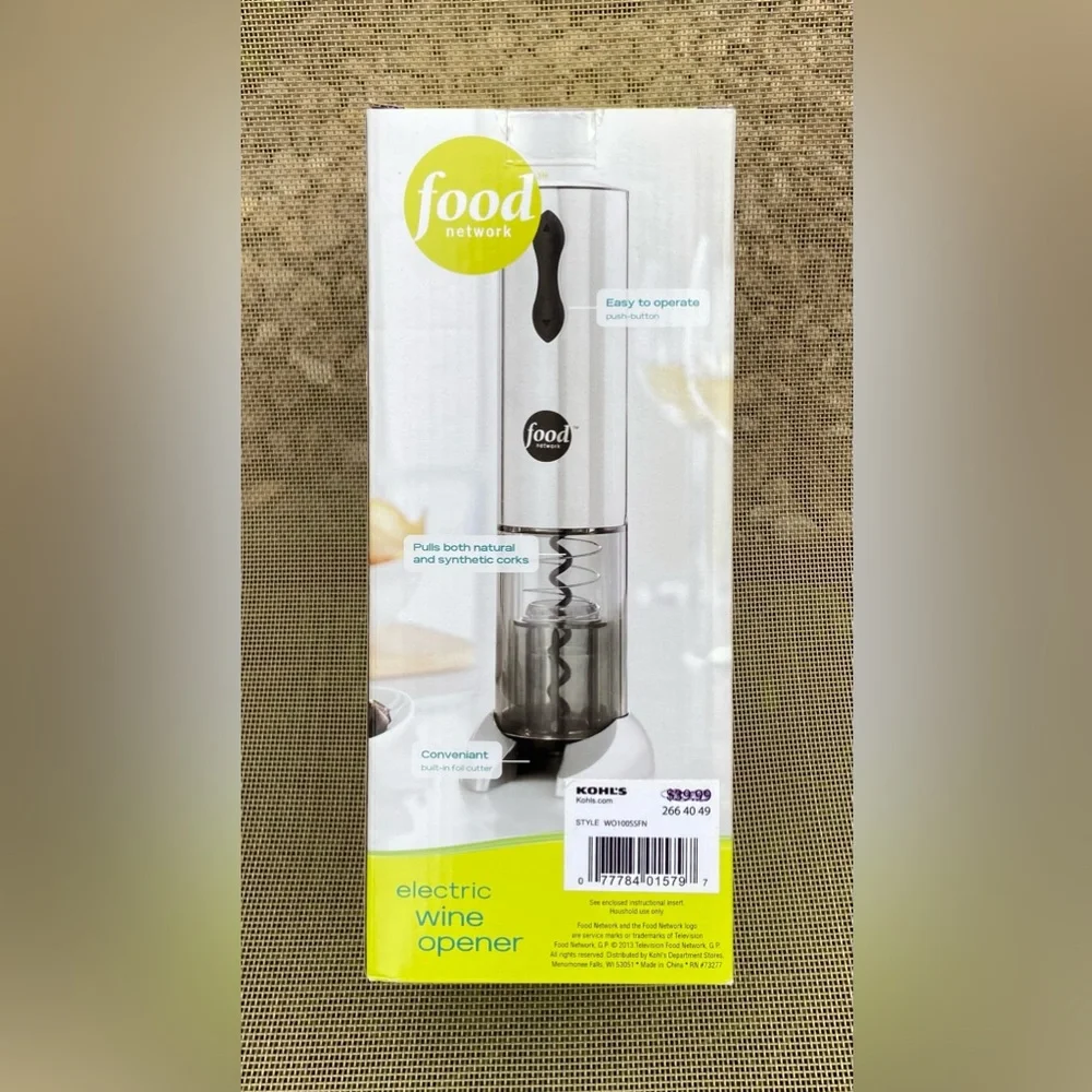 Food Network Silver and Black Electric Wine Opener w/Cutter & Electrical Charger